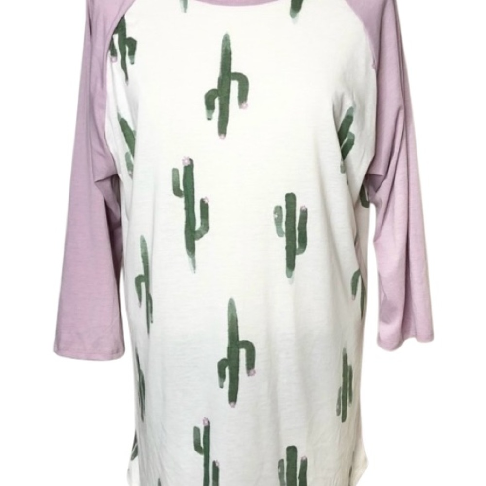 LuLaRoe White Cactus Print Raglan with Lavender Sleeves